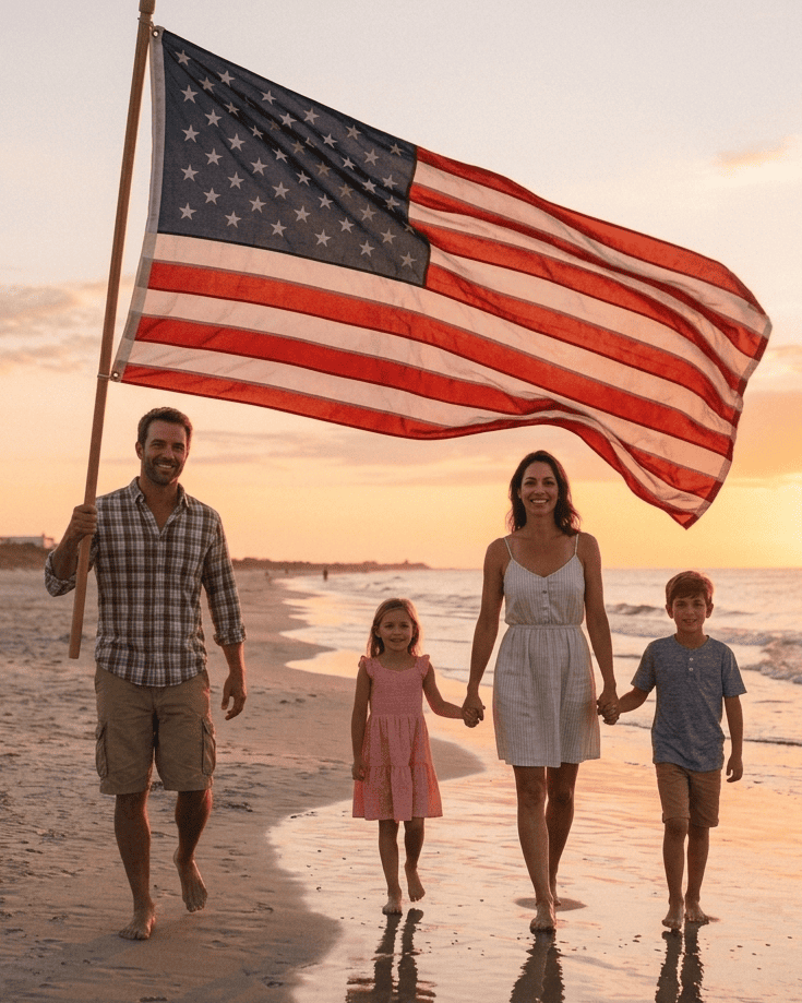 A happy family walking on the beach with an American flag