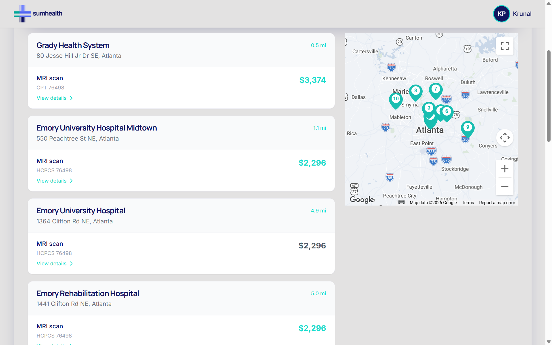 Search results for an MRI showing a list of hospital cash prices side by side with a map of nearby locations