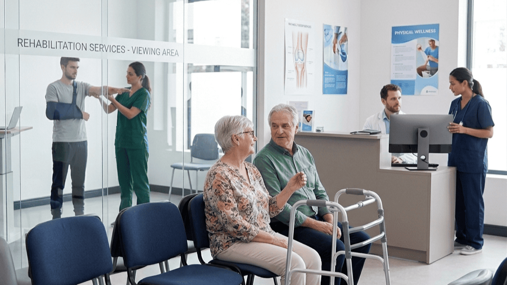 Patients waiting in a bright, modern rehabilitation clinic while clinicians and front-desk staff work at the reception area