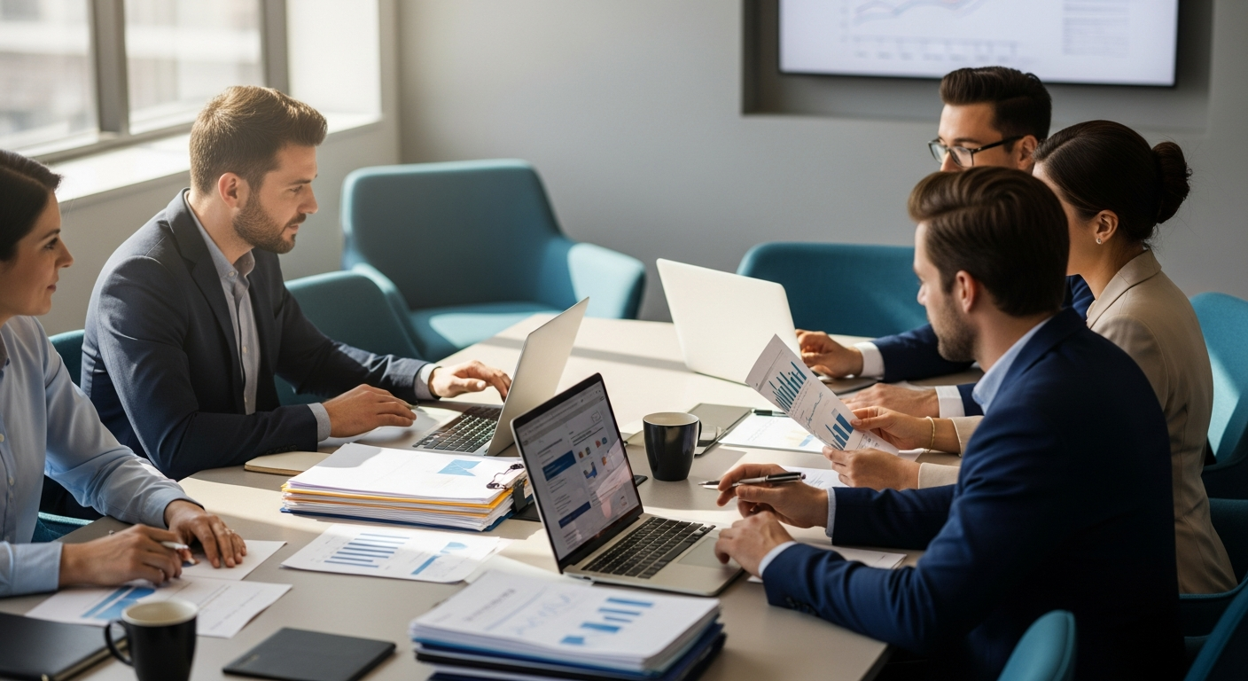 An HR and benefits team discussing employee health plan costs in a conference room