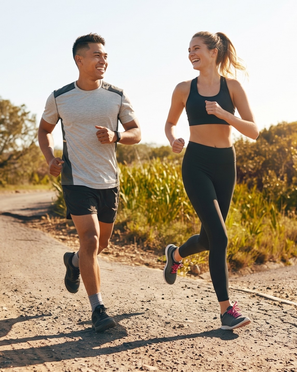 Two people running together outdoors